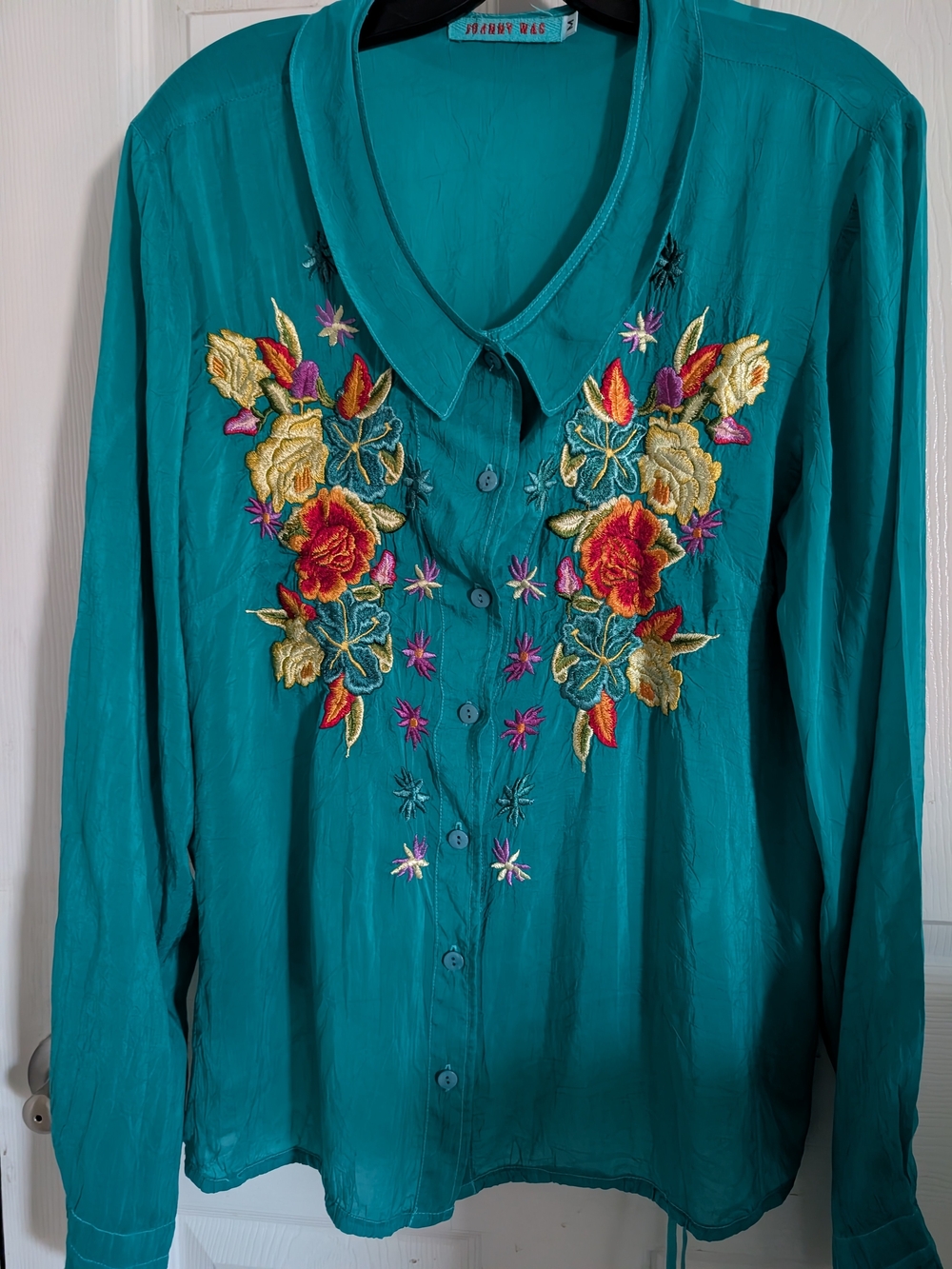 Johnny Was Teal Button-Down Blouse with Multicolor Floral Embroidery